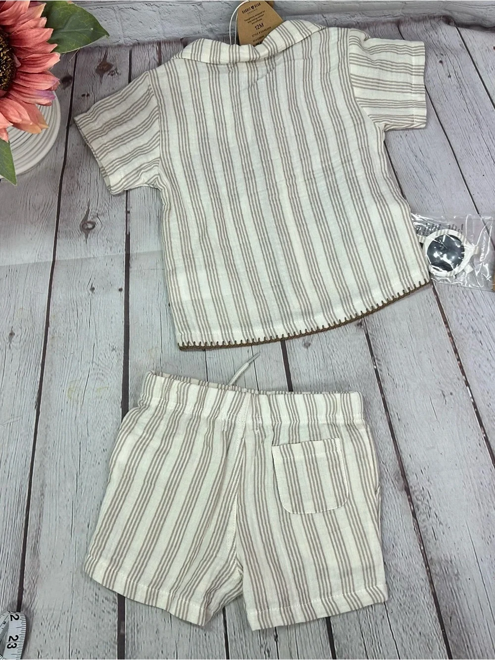 rabbit + bear organic cotton 3pc shorts set 12M neutral stripes embroidered trim
